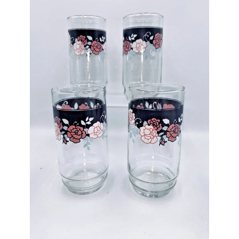 Set of 4 Vintage Corelle (Libby) SILK & ROSES Tumbler Drinking Glasses 5 7/8